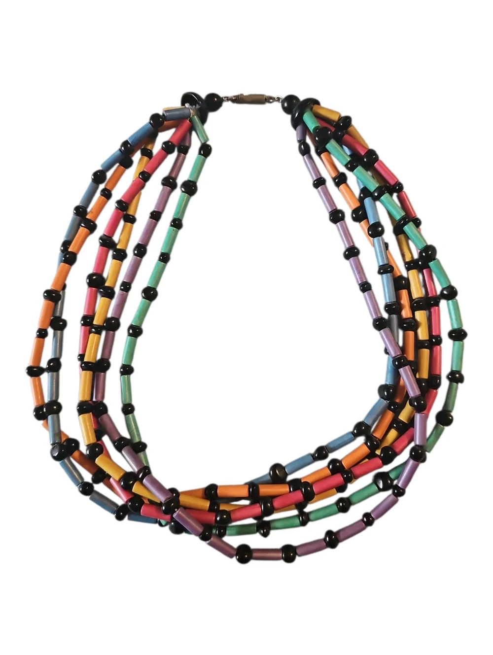 1980's Brite Multi Colored Lucite Tube Beads & Black Beads 6 Strand Necklace